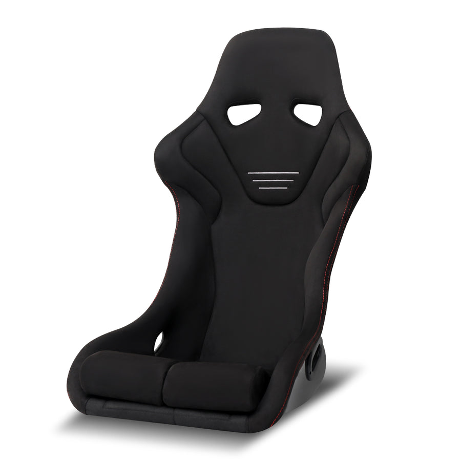 Universal Competition Style Fixed-Back Bucket Racing Seat - Premium Black Suede with Silver Stitching Detail (Includes Seat Sliders)